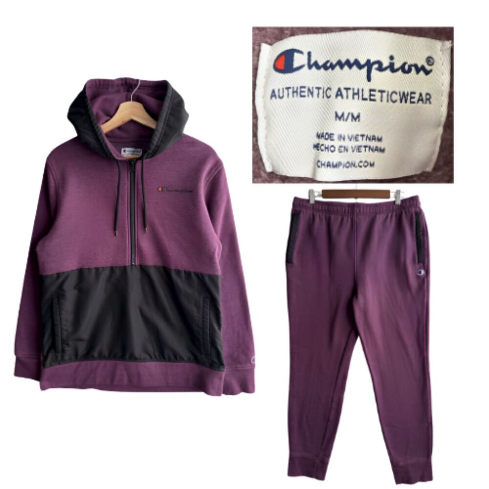 Champion Track Suit Men's Medium Purple Fleece Half Zip Two Tone Hoodie/Pants